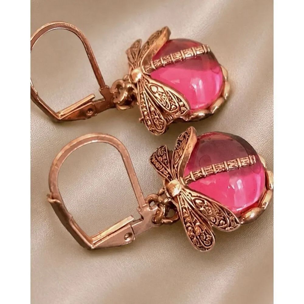 Pink DragonflyโEarrings Vintage Victorian Style Rose Gold Tone